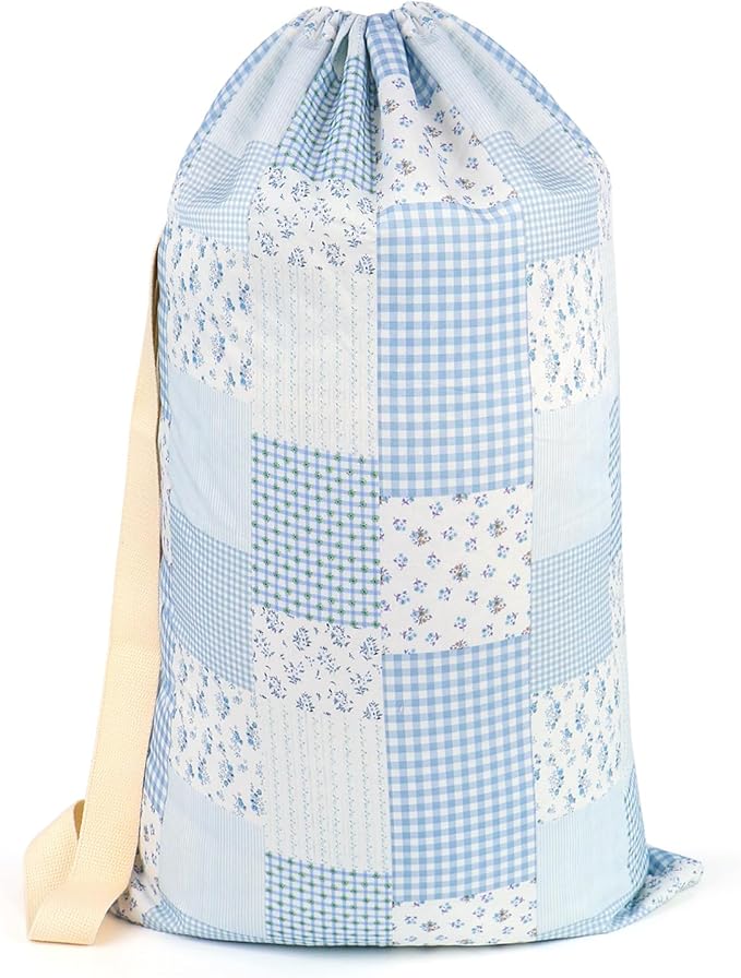 Laundry Bag Backpack for Dorm & Travel, 29 x 18" Large Dirty Bag | Cute Blue Floral College Clothes Pouch with Straps and Handles. Ideal for Apartment, Camp and Portable Bag for Laundromat