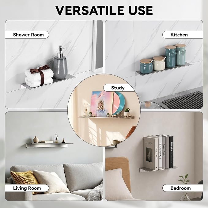 LANC 8" Small Floating Shelf for Wall Storage, Stainless Steel Metal Bathroom Shelf on Wall Mounted, Brushed Nickel Mini Display Shelves for Bathroom/Living Room/Shower Caddy, A7283BN-L2