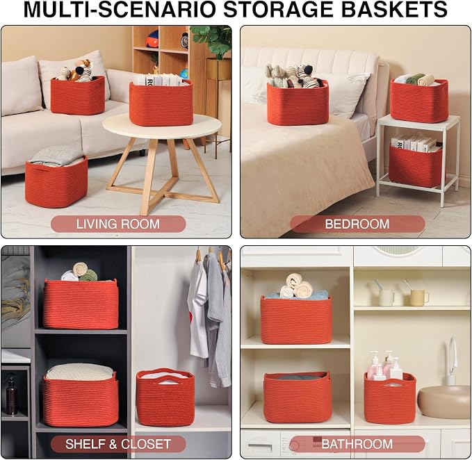 ICERZCZ Storage Baskets for Organizing, Storage Basket for Shelves, Toy Towel Basket for Bathroom Nursery, Woven Cotton Rope Baskets for Decor, 15"x11"x9.5", 3 Packs, Brick Red