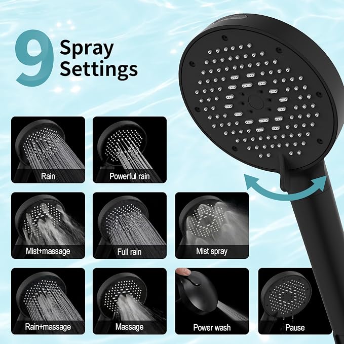 SR SUN RISE NSF Certified Filtered Shower Head with Handheld for Hard Water to Remove Chlorine High Pressure 9-Spray Setting (with Power Wash) Anti-Clog Nozzles(1 Filter, Matte Black)
