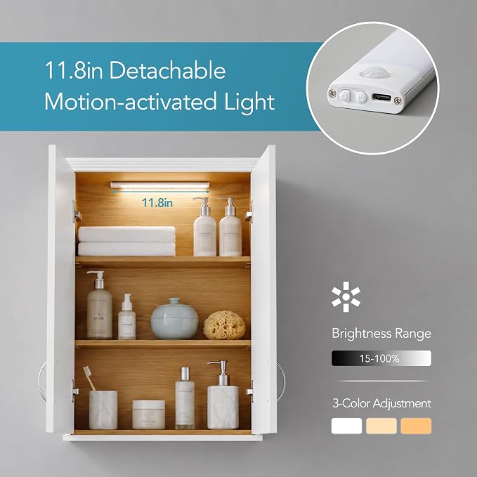 VANIRROR Bathroom Cabinet Wall Mount with DIY Lighting Dual-Tone Design | Wooden Medicine Cabinet Unique Top Over the Toilet Saver Storage Cabinets for Laundry Kitchen Entryway