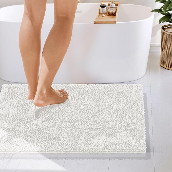 Hearth & Harbor Bathroom Rugs, Chenille Bath Mat - Machine Washable Bath Mats for Bathroom Non-Slip Backing Rubber, Quick Dry Bathroom Mat - White 24x36