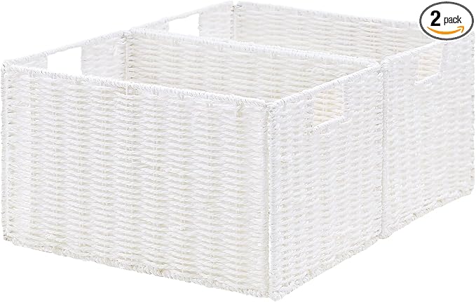 Wicker Storage Basket, Set of 2 Hand-Woven Paper Rope Wicker Basket, Large Storage Baskets for Organizing, Foldable Large Cube Storage Organizer Bins for Shelves (White)