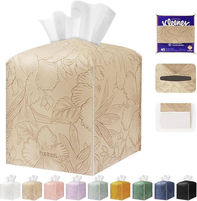 Tissue Box Holder Cover Square Tissue Cube Cover PU Leather Tissue Organizer with Bottom Belt for Bathroom, Tabletop, Kitchen, Night Stands, Office, Home, Car (1, SoftBeige)