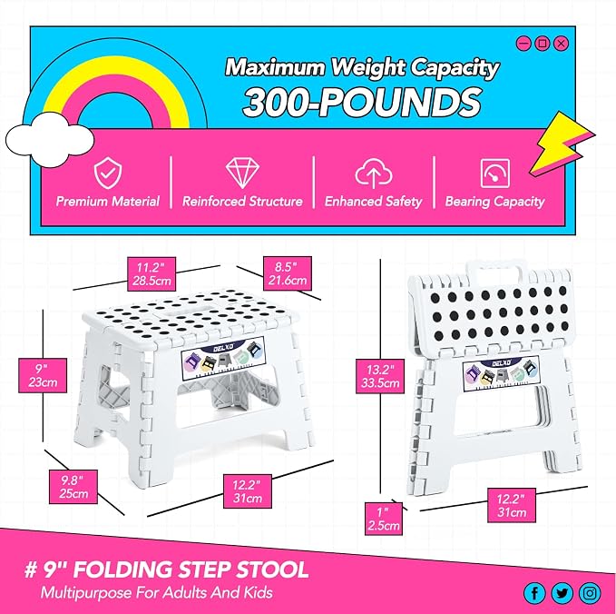 Delxo 9 Inch Kids Step Stool,300 Lbs Folding Step Stool for Toddler White | Foldable Step Stool,Non-Slip Foot Stools with Handle, Lightweight Collapsible Stool for Kitchen,Bathroom,Bedroom,Garden
