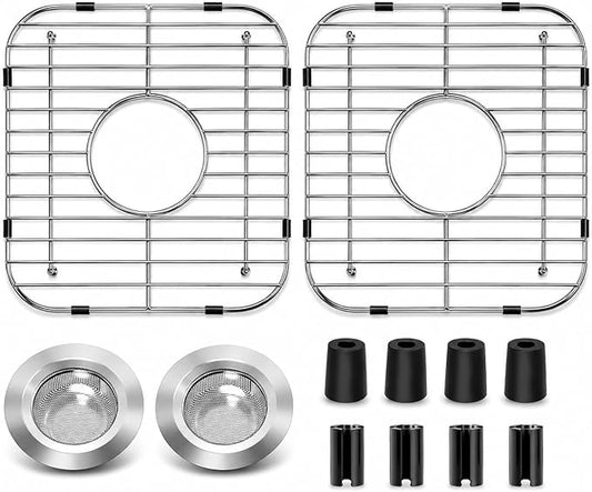 2-Pack Stainless Steel Kitchen Sink Bottom Grid (13.2" x 11.6") with Central Drain Hole — Rust-Resistant Sink Protector + 2 Sink Strainers