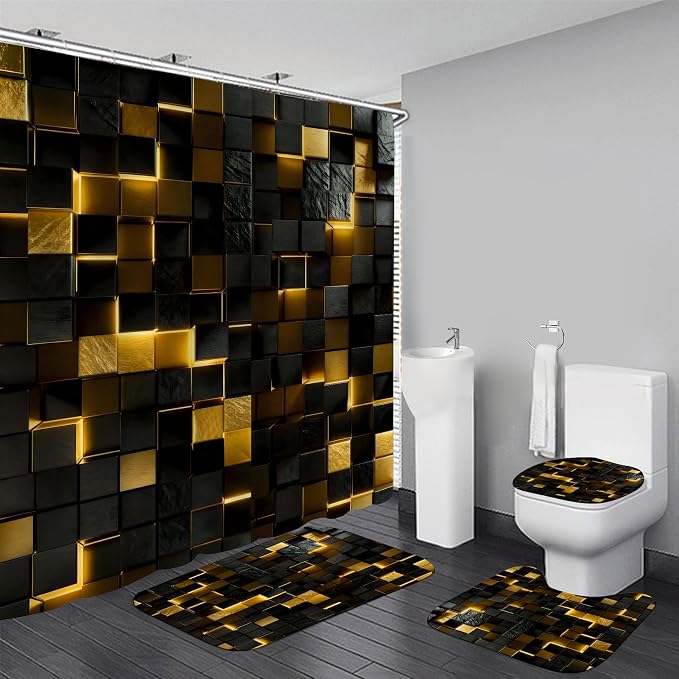 LQCOOL 4 Pcs Black Gold Shower Curtain Set with Rugs, 3D Cube Modern Bathroom Set, Black Gold Polyester Shower Curtains for Bathroom with 12 Hooks, Toilet Lid Cover & U-Shaped Mat