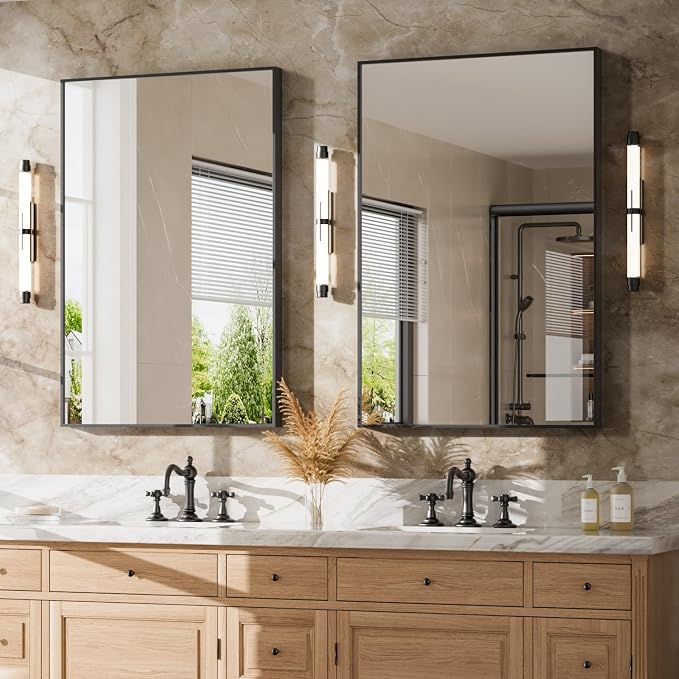 24"x36" Matte Black Rectangle Vanity Bathroom Mirror, Set of 2 | Aluminum Alloy Frame, Clear Reflection, Rust-Resistant, Vertical or Horizontal, Wall Mount, Bedroom and Entryway