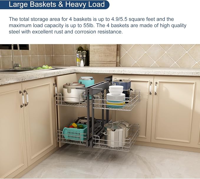 VADANIA Blind Corner Pull Out Organizer for 36" Cabinet, Soft Close | Reversible Left or Right Mount, 15.94" Opening, 2-Tier Pull-Out Basket, Soft Close