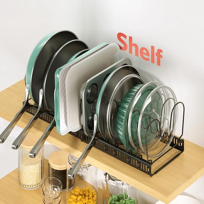 Pots and Pans Organizer under Cabinet, 11.8-22.8" 14 Dividers Black | Extends 11.8-22.8", Holds pot lids, pans, cookware and bakeware, Adjustable dividers, for under cabinet or countertop