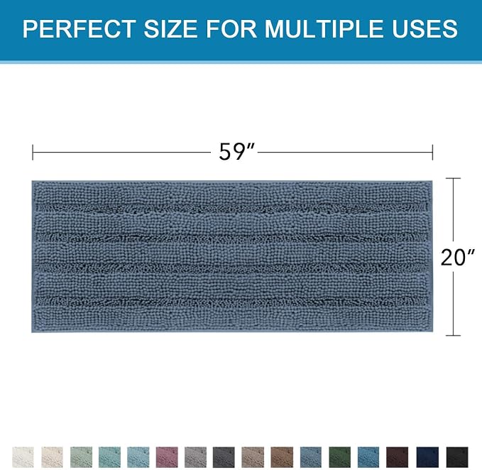 H.VERSAILTEX Bath Rugs for Bathroom Non Slip Bath Mats Thick Chenille Striped Bath Rug Runners 59" x 20" Absorbent Fluffy Soft Shaggy Mats Dry Fast Plush Area Carpet for Bath Room - Blue Indigo