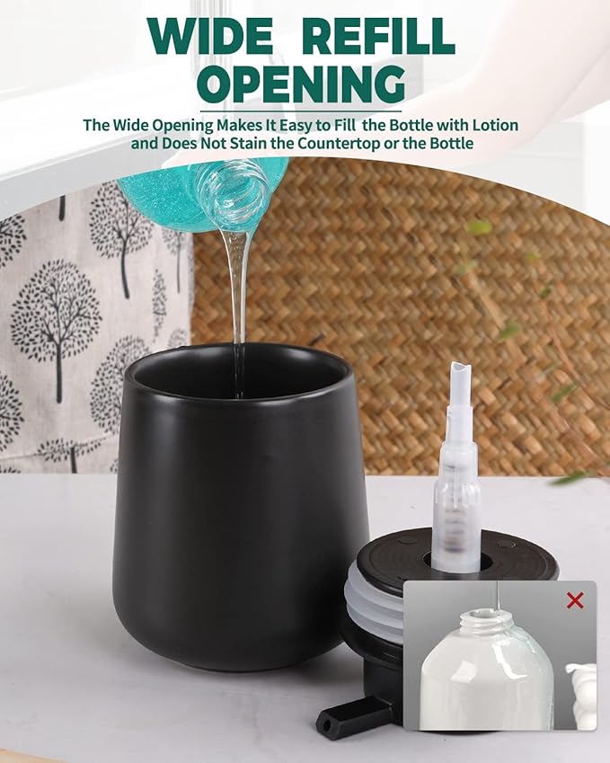 BosilunLife Ceramic Soap Dispenser - Dish Soap Dispenser for Bathroom 12Oz | Refillable Liquid Hand Wash Dispenser for Essential Oil, Lotion Soap, Black
