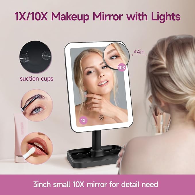 FUNTOUCH Rechargeable Vanity Makeup Mirror with Lights,Black | 10X Magnification,3 Color Lighting Touch Dimmable Portable Desk Mirror with Light,360°Rotation Led Mirror & Storage