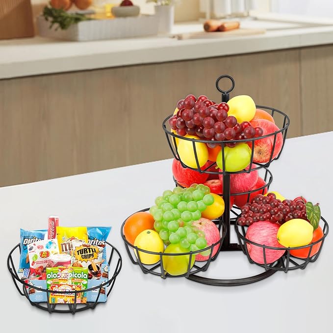 Livabber Fruit Basket Bowl, Metal Fruit Vegetable Storage Basket for Kitchen Counter, Large Capacity Vegetable Holder Rack Detachable Organizer for Bread Snack Produce (Black, 5-Tier Metal Base)
