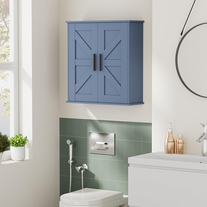 Homleke Bathroom Wall Cabinet, Medicine Cabinet with Adjustable Shelves | 3-Tier Wall Mounted Over Toilet Storage with Barn Doors, for Bathroom, Kitchen, Entryway, Laundry Room, Blue, (7.9" D)