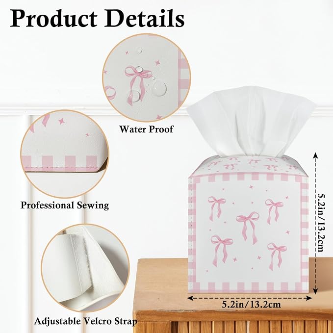 Bow Tissue Box Covers Square, Pink and White Checkered Leather Tissue Box Holders Decorative for Car Nightstand Home Office Bathroom Organizer, Square Facial Paper Organizer Home Decor -019