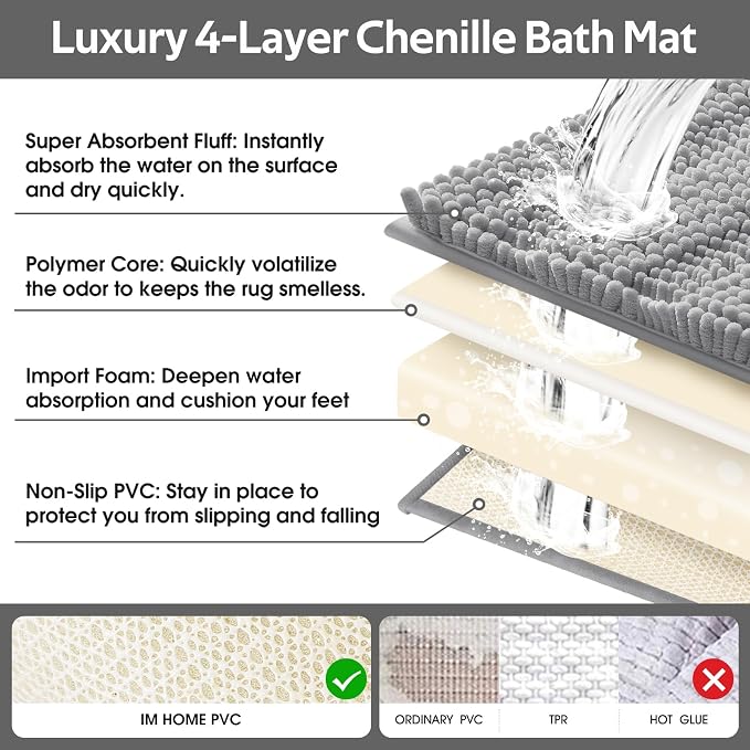 Striped Light Grey Bathroom Rug Mat Set 2 piece 24"x17"+48"x20" Ultra Soft, Non Slip Chenille Bath Rugs, Absorbent Plush Shaggy Bath Mats for Bathroom, Bedroom, Kitchen, Shower, Tub,Light Gray