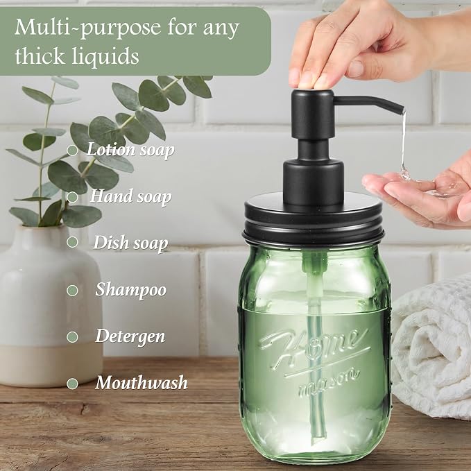 Amolliar 4PCS Bathroom Accessories Set, Green Glass Organizer Sets, Black | Lotion Soap Dispenser, Toothbrush Holder, 2 Qtip Holders, Rustic Farmhouse Decor for Countertop, Vanity, Bathroom Essentials