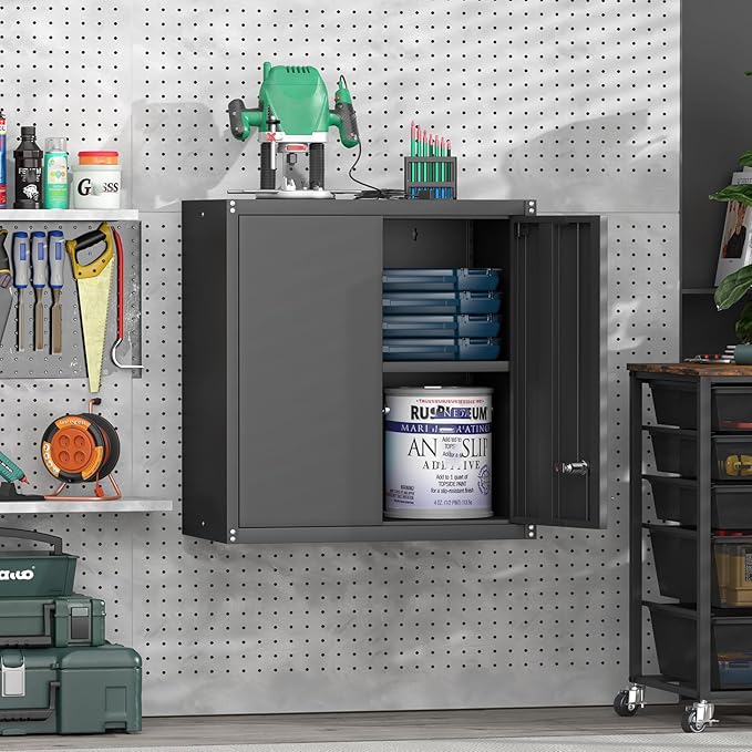 GREATMEET Metal Garage Storage Cabinet with Lock, Metal Wall Cabinets for Garage, Wall Mount Cabinet, Upper Cabinets Wall Mounted, Utility Cabinet with Adjustable Shelf for Home Office, Black