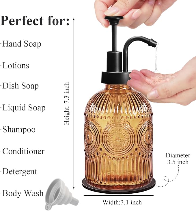 Amolliar 12 Oz Glass Soap Dispenser with Plastic Pump,Brown-Black,2 Pack | Antique Rustic Hand Liquid Bottle for Bathroom/Kitchen, Vintage/Farmhouse/Boho Style, Pump Dispenser, Refillable