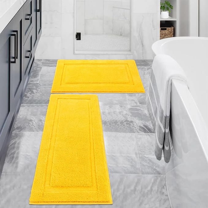 SHACOS Soft Microfiber Bathroom Rugs Set of 2 Pieces, Yellow | 47x20 + 32x20, Absorbent Plush Bath Rugs, Non Slip Washable Shaggy Bath Mats, Fluffy Bathroom Runner Floor Mats Shower Rug