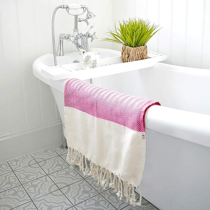 Beach Towel, 100% Cotton, 71x39 in, Herringbone Fuchsia