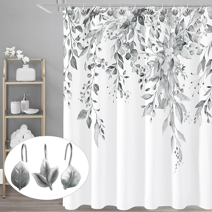 Grey Plant Leaf Shower Curtain Hooks,Eucalyptus Bathroom Decor,12PCS | Cute Decorative Leaves Shower Curtain Rings,Metal Rustproof,Easy Installation,Smooth sliding