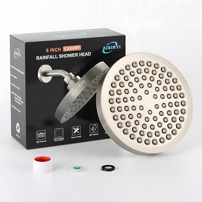 6" High Pressure Rain Shower Head, Luxury Brushed Nickel Finish | 6 Inch Fixed Bathroom Showerhead, Adjustable Replacement, 90 Anti-Clog Nozzles, Removable Restrictor, Tool-Free Easy Install