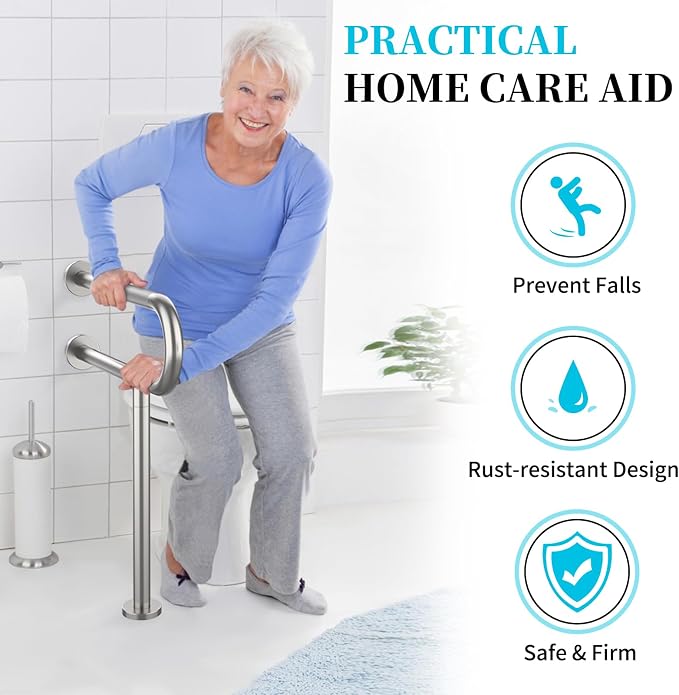 24 Inch Toilet Support Rail, Munzong Brushed Nickel Handicap Grab Bar | Anti-Slip Stainless Steel Knurled Safety handrails with Leg for Elderly Disabled Pregnant-1.25’Tube