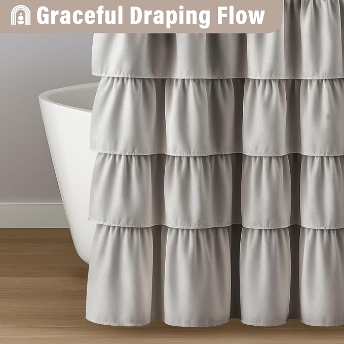 Seasonwood Ruffle Shower Curtain Gray, 72" x 72" | Cascading full-length fabric tiers, soft dimensional texture, vintage shabby chic styling for decorative bathroom updates
