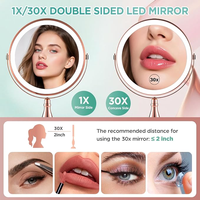 30X Makeup Mirror with Lights and Magnification-Rose Gold 8" Double Sided | Magnifying Mirror, 5000mAh Rechargeable, 360° Rotation, (Side Touch+Side Port), 3 Color Modes, Dimmable Light, for Vanity