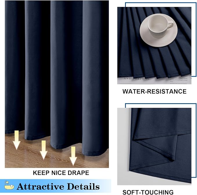 Zora 84 Inch Shower Curtain Set with 12 Plastic Hooks, Plain Fabric Shower Curtain for Bathroom - Extra Long Shower Curtain, Water Resistance, Machine Washable Soft Cloth, 72WX84L, Navy Blue