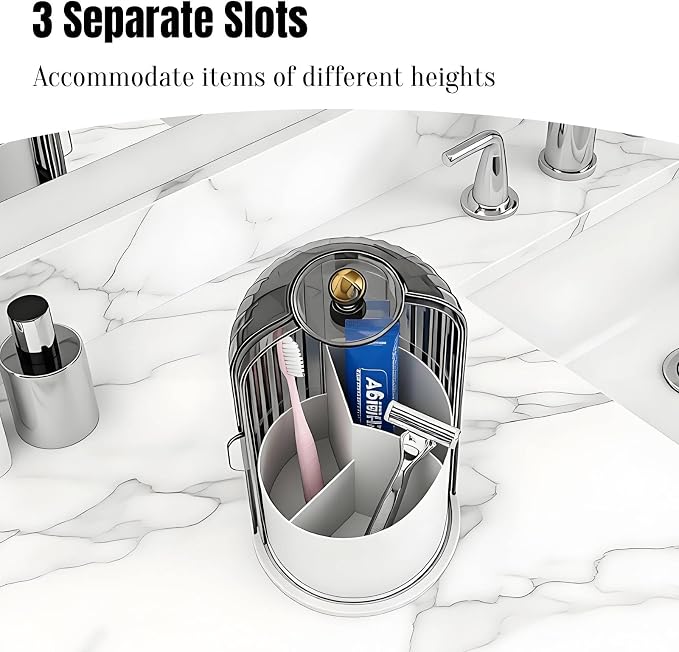 JEESA Dustproof Toothbrush Holder with Cover, Grey/White | 360° Rotating, 180° Sliding Lid, 3 Slots, Toothbrush Organizer, for Bathroom Countertop