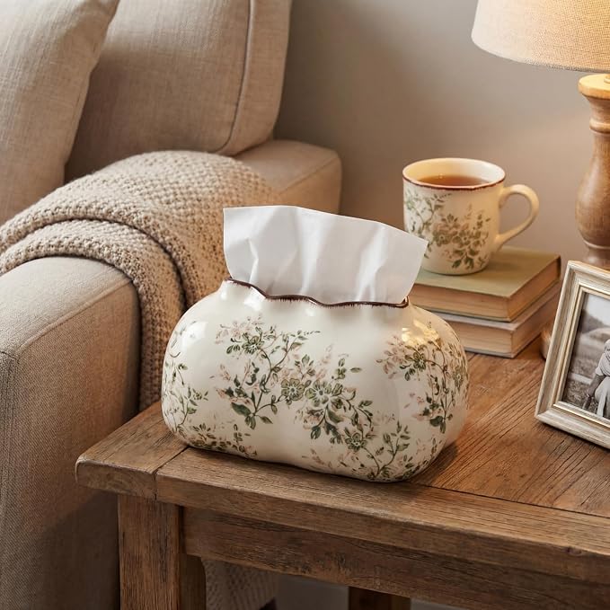Yalikop Vintage Ceramic Tissue Holder Tissue Box Cover,Blossoms | Floral Retro Rustic Farmhouse Home Decor for Bathroom Vanity Table Living Room Bedroom Kitchen Office