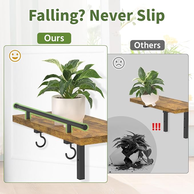 LASZOLA Wall Plant Shelves Floating Hanger Holder with Lights, 2 Pack Brown | Window Stand with Hooks, Metal and Wood, Flower Hanging Display Rack for Indoor Bedroom Living Room Bathroom Kitchen Decor