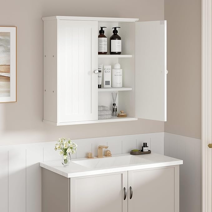 Shintenchi Bathroom Wall Medicine Cabinet, Over The Toilet Storage, White | Bathroom Storage Organizer Cupboard, with 2 Magnet Door and 3-Tier Shelves, Space Saving, Easy to Assemble & Clean