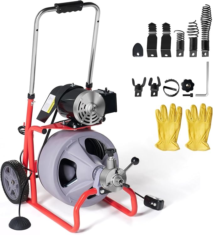 Albott 75 FT x 3/8 Inch Electric Drain Cleaner Machine | Auto-Feed Sewer Snake Auger for 1-4 Inch Pipes, with 9 Cutters, Wheels and Foot Switch, Gray/Red