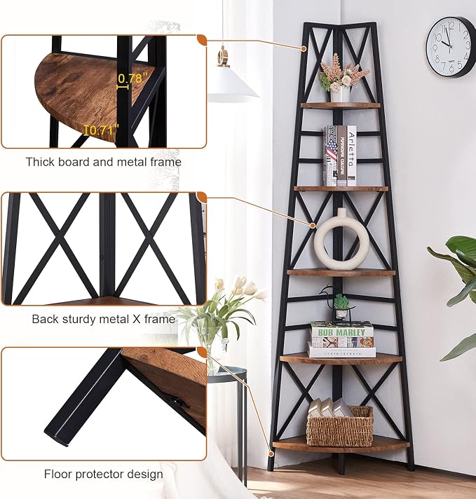 5 Tier Corner Shelf,72 Inch Tall Corner Bookshelf,Rustic Brown | Sturdy Corner shelf Standing,Industrial design,Easy assembly,Suitable for living room,Office,Corner Space