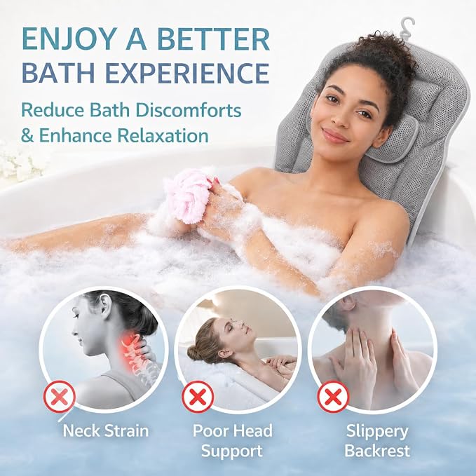 Full Body Bathtub Pillow with Lumbar Support, 5D Air Mesh Bathtub Cushion for Soaking Tub, 168 Suction Cups Full Bath Pillow for Post-Yoga Spa, Deep Relaxation & Romantic Baths Grey Big