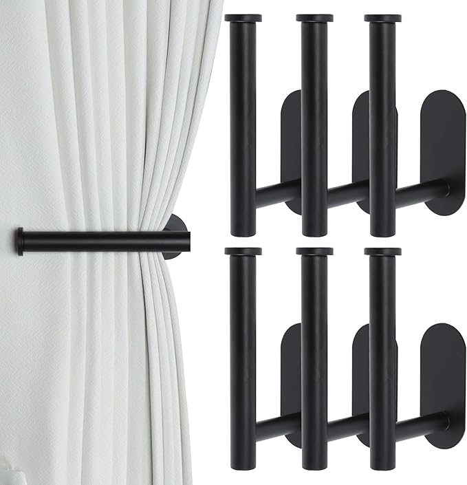 Groleca Adhesive Curtain Holdbacks No Drill Curtain Tiebacks, 6 Pack, Black | No Drill Curtain Tie Backs Hooks for Drapes, Metal Curtain Holders, Damage-Free Wall Mounted, Strong Adhesive,Stainless Steel