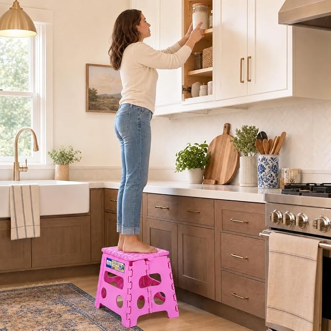 ACKO Folding Step Stool - 13 inch Height Premium Heavy Duty Foldable Stool for Kids and Adults, Kitchen Garden Bathroom Stepping Stool (Pink) | Heavy Duty Collapsible Foot Stepping Stool, Holds 300 lbs Non-Slip for Kids Kitchen Bathroom Outdoor, with B...