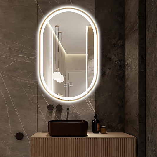 Oval LED Bathroom Mirror, Backlit + Front Lit Vanity Mirror Gold Frame | 3 Color Dimmable, Anti-Fog, 48"x30", Memory Function, Shatter-Proof, HD Glass, Pill-Shaped Mirror, Vertical or Horizontal