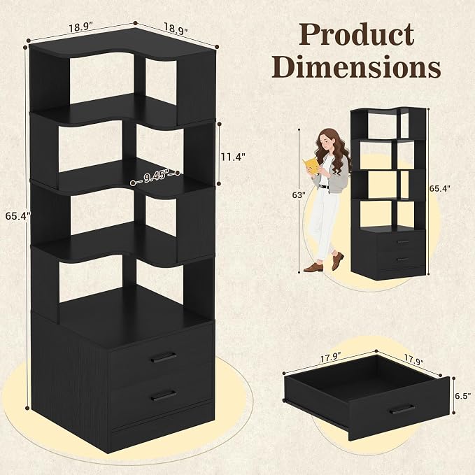 Corner Book Shelf with Drawers, Small Corner Shelf with Drawers | L Shaped BookShelf 6-tier Bookcase for Bedroom Storage, Living Room, Home Office, Kitchen Pantry, Black