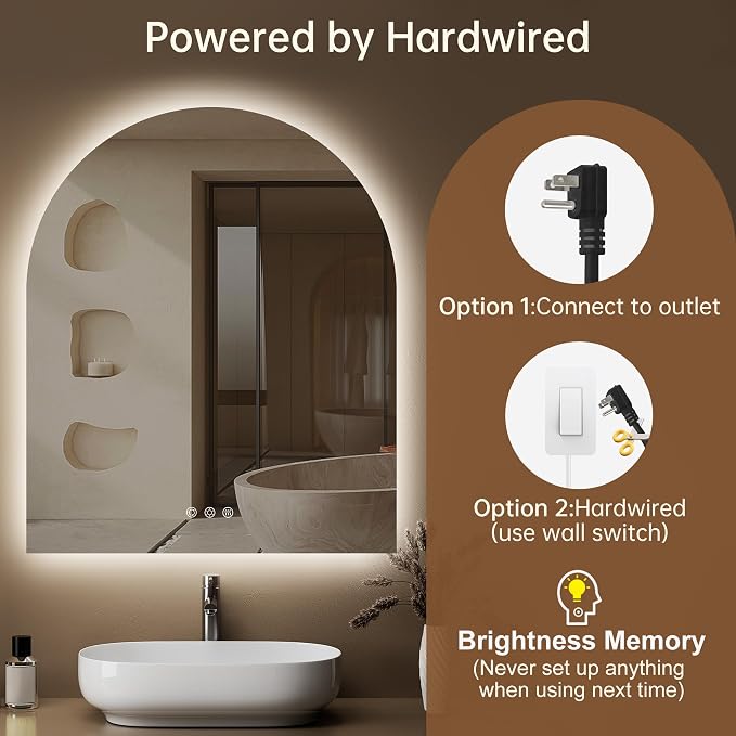 30"x36" Arched LED Lighted Bathroom Mirror with Lights | Fogless, Dimmable, Shatterproof, Touch Sensor, 3 Color Changing