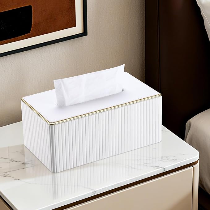 Rectangular Tissue Box Cover, PU Leather Tissue Box Holder with Magnetic Bottom, Napkin & Facial Tissue Holder Dispenser Decorative Box Cover for 120-count (3-Ply) 160-count (2-Ply) White