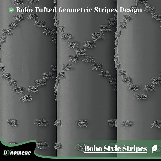 Long Boho Shower Curtain Tufted Geometric 72"x78" Charcoal Grey | 78 Inch Tall, Elegant Tassel, Lightweight Textured Fabric, Water Repellent, Washable, Hotel Spa, for Bathroom/Dorm 12 Hooks