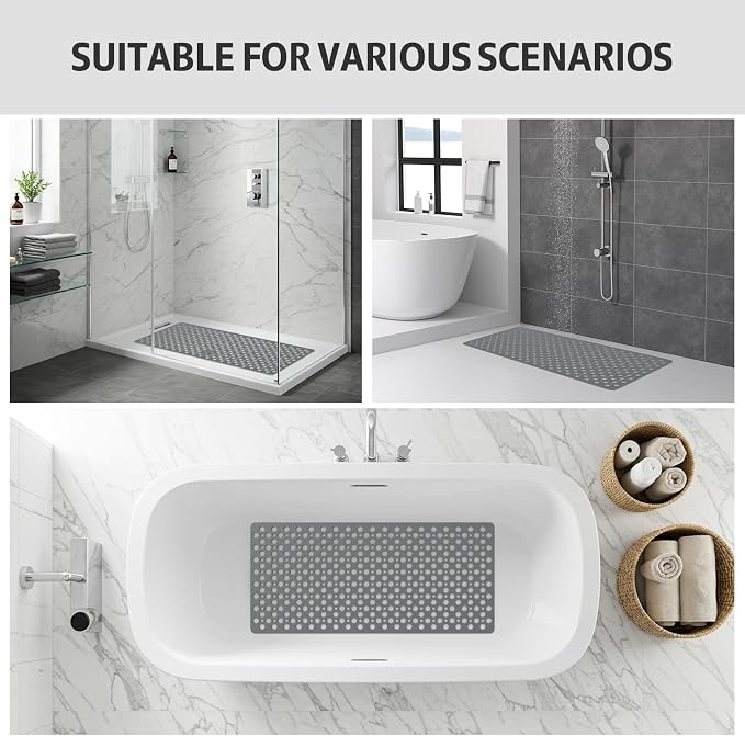 Shower Mat Non Slip Bath Mat for Tub - 35" x 16" Soft TPE Bathtub Mat Non Slip Shower Mats for Inside Shower, Anti Slip Shower Mat with Suction Cups, Quick-Drying Bath Tub Mat, Grey