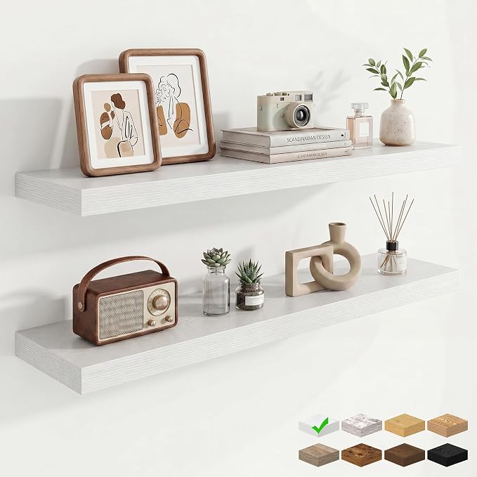 Marsmiles 9.25in Depth 40in Floating Shelves, 40x9.25x1.4, White, Set of 2 | Wall Mounted Engineered Wood Shelves, Invisible Brackets for Living Room, Bedroom, Bathroom, Kitchen Decor and Storage