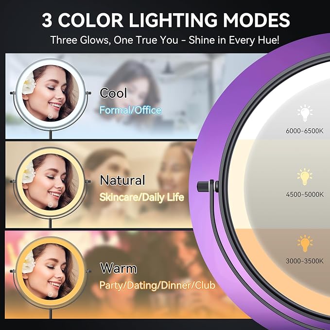 Auxmir 9" 1X/30X Lighted Makeup Mirror, Rechargeable Maginfying Mirror | 3 dimmable colors, 14.9-18.5 in adjustable height, 3000mAh, 360°rotation, stable storage base, 30X magnification, Black