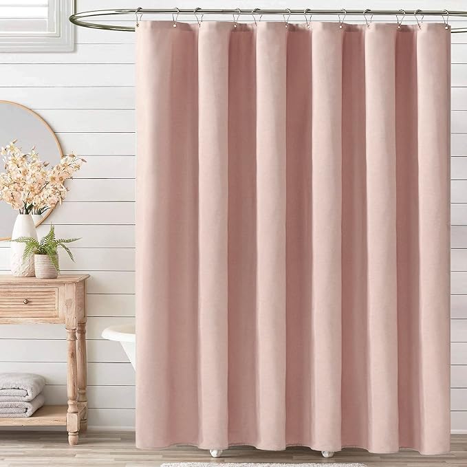 Long Linen Textured Waterproof Thick Shower Curtain Set, 72x84, Blush | Tall Size, 230GSM Polyester, Heavy Duty Cloth, Weighted Hem, 12 Plastic Hooks, Modern Luxury Hotel Style, Machine Washable
